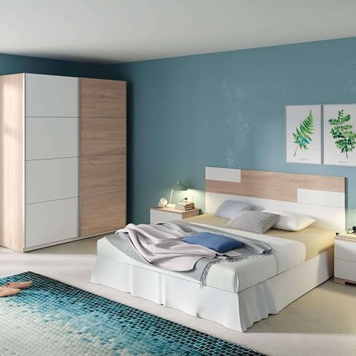 Pack Habitación Matrimonio Onix Blanco Y Roble Camas 150 cm (cabecero+mesitas+Armario)