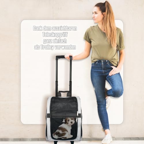 2IN1 Transporttasche mit Rollen bis 15kg Rucksack Trolley Hund Katze Hunderucksack Tasche (Melange-Grau)