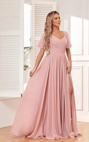 Women's Chiffon Flutter Sleeve Bridesmaid Dress Long with Slit V-Neck Pleated Formal Evening Party Gowns4