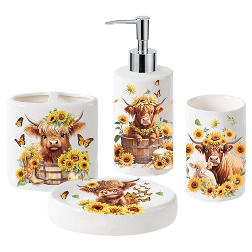 JarThenaAMCS 4Pcs Highland Cow Sunflower Bathroom Accessories Ceramic Liquid Dispenser