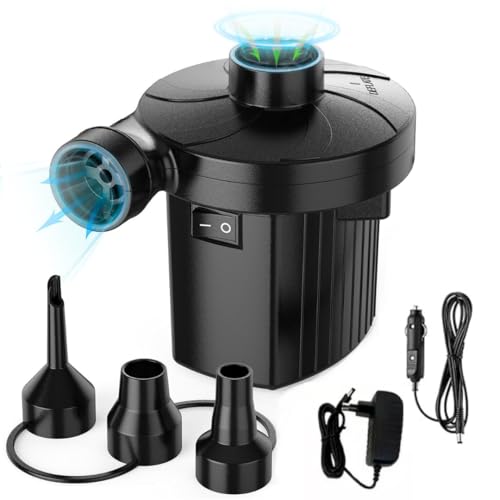 Bomba de Ar Elétrica Portátil Turbo Bivolt, Infla e Esvazia Boias, Botes, Colchão e Piscina Inflável, Kit Bomba Infladora com 3 Bicos Adaptadores, Carregador Veicular e de Tomada, 50W, Preto
