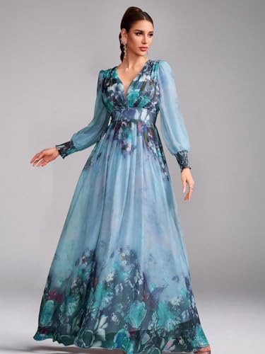 Image of TOLEEN Summer Casual Dresses for Women 2024 Spring Fashion Boho V Neck Long Sleeve Ruffle Floral Print Elegant Maxi Dress