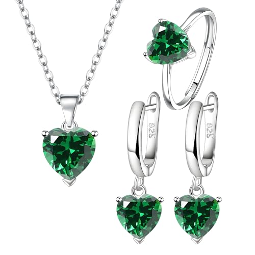 Juego de collar de corazón verde de plata 925 para regalar a niñas