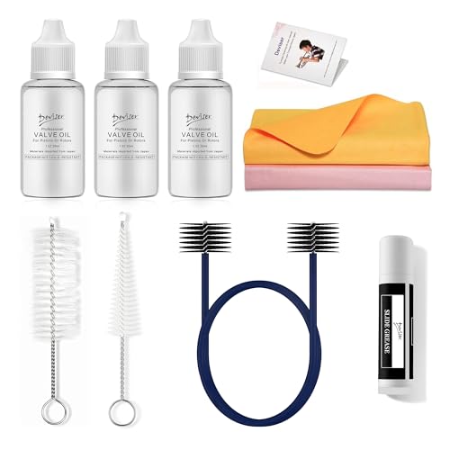 Low Brass Care Kit All in One Bundle with Valve Oil x3,Slide Grease,Cleaning Swab x2,Mouthpiece,Bore Brushes, Instruction.Everything you need for Tuba,Euphonium,Baritone, Sousaphone ect.