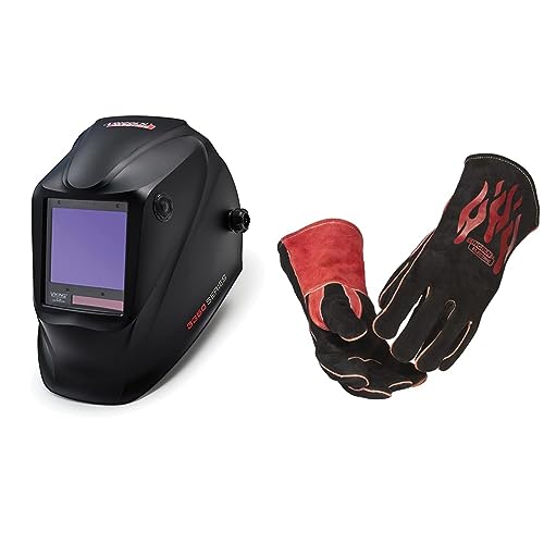Lincoln Electric K3034-4 Viking 3350 Auto Darkening Welding Helmet, Matte Black, Extra Large & Traditional MIG/Stick Welding Gloves | 14" Lined Leather | Kevlar Stitching | K2979-ALL, Black, Red