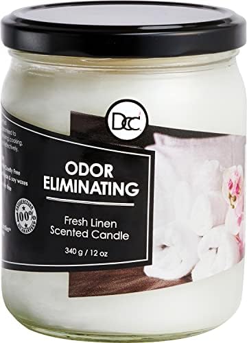 Odor Eliminating Highly Fragranced Candle - Eliminates 95% of Pet, Smoke, Food, and Other Smells Quickly - Up to 80 Hour Burn time - 12 Ounce Premium Soy Blend (Fresh Linen)