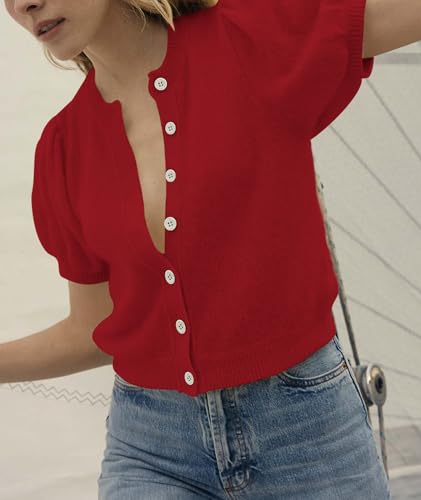 Womens Lightweight Summer Puff Short Sleeve Cardigan Sweaters Button up Y2k Knit Thin Cropped Cardigans3
