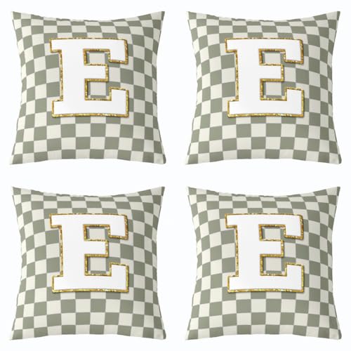 Image of Erosebridal Sage Green Checkered Throw Pillow Covers 20x20 Set of 2 Plaid Initial E Pillow Covers Personalized Monogram Cushion Cover Fashion Grids Gingham Pillow Cases for Couch Sofa