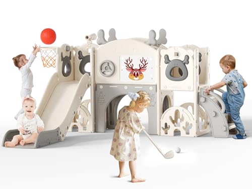 Kinderrutsche, Kleinkindrutsche mit Weihnachtselchmotiv Kleinkinderrutsche mit Golfset, Babyrutsche, Spielplatzgerät, für den Innen- und Außenbereich freistehend Babyrutsche (Beige Grau -7IN1-ML)