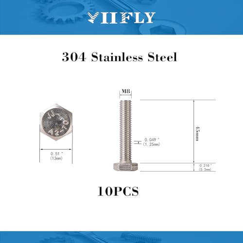 Image of M8x1.25 x 45mm Hex Head Screws Bolts, 304 Stainless Steel (A2-70), Bright Finish, Fully Threaded, Hexagon Head Bolts, Quantity 10