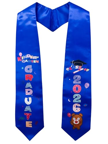 GraduationMall Class of 2026 Kindergarten Graduation Stole Kids Bear Printed Graduation Sash Gifts for Child Royal 50" Long