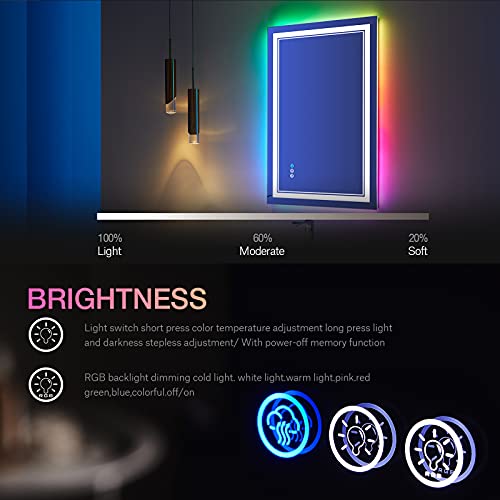 30x36 Inch RGB LED Bathroom Mirror with Lights, Color Changing RGB Backlit LED Mirror for Bathroom,Lighted Vanity Mirrors for Bathroom Wall, Dimmable, Anti-Fog (RGB Backlit+Front-Lit)