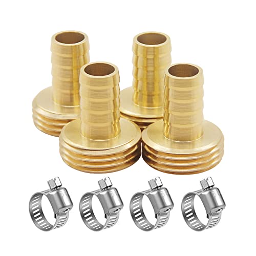 Hooshing 4PCS Garden Hose Connector 1/2" Barb x 3/4" Male GHT Thread Solid Brass Repair Kit Male Hose End Mender with Stainless Clamp Fit for 1/2" Garden Hose