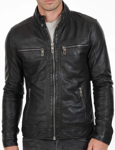 Veste de moto en cuir véritable noir ajustée contre le vent XXXL