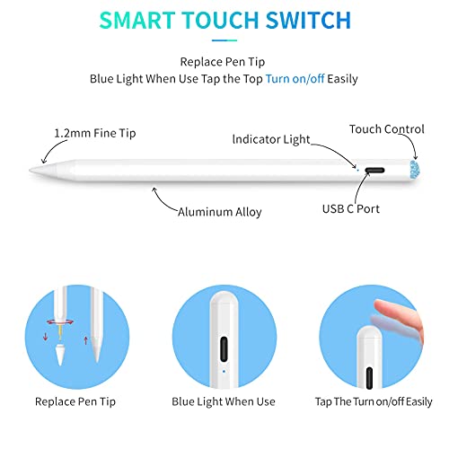 Caneta Stylus compatível com Apple iPad (2018 e posterior), rejeição das palmas, detecção de inclina