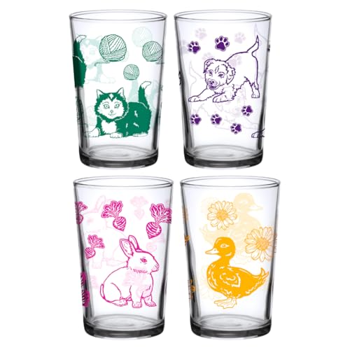 DOWN TO EARTH BASICS Cute Animal Drinking Glass Set 7 oz Glasses for Kids and Adults Set of 4 with Ducky Bunny Puppy and Kitty Artwork