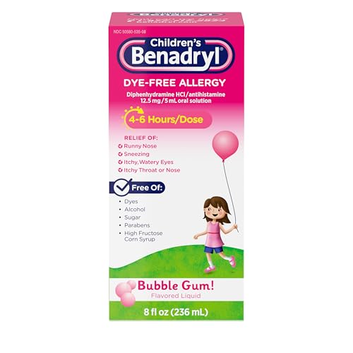 Benadryl Children’s Dye-Free Allergy Relief Liquid, Allergy Medicine for Kids, 12.5 mg Diphenhydramine HCl Antihistamine, Relieves Runny Nose & Sneezing, Paraben-Free, Bubble Gum Flavor, 8 fl.