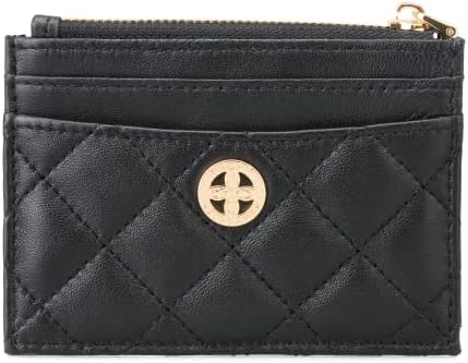 PEONY SUPREME Luxury Black Quilted Leather Card Case with Snap Hook and Key Ring Holder Credit Small Wallet Compact Business Money Organizer Gift for Women Girl