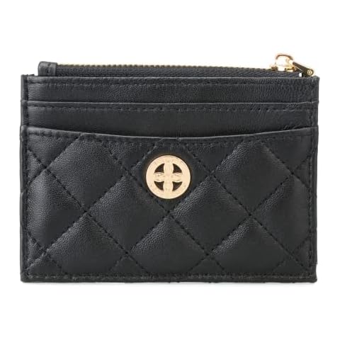 PEONY SUPREME Luxury Black Quilted Leather Card Case with Snap Hook and Key Ring Holder Credit Small Wallet Compact Business Money Organizer Gift for Women Girl Cover