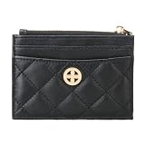 PEONY SUPREME Luxury Black Quilted Leather Card Case with Snap Hook and Key Ring Holder Credit Small