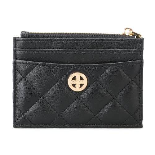 Peony Supreme Luxury Black Quilted Leather Card Case With Snap Hook And Key Ring Holder Credit Small Wallet Compact Business Money Organizer Gift For Women Girl #TOP22