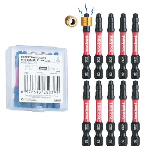 Image of toolant Square Drive Bit Set, Square Impact Driver bits S2 Steel, Robertson Driver Bits Magnetic CNC Tips, Square 2 Impact Bit 1 /4 inch Hex-Shank with Storage Box, 10pcs SQ2 2 inch Long