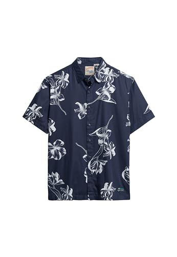 Superdry Herren Kurzärmeliges Hawaiihemd Einfarbig Marineblau Hibiskus XXL