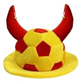 Hooin Gorro de fútbol con cuernos - Sombrero para fans de España con cuernos de toro rojos, visera amarilla y patrón de fútbol rojo y amarillo