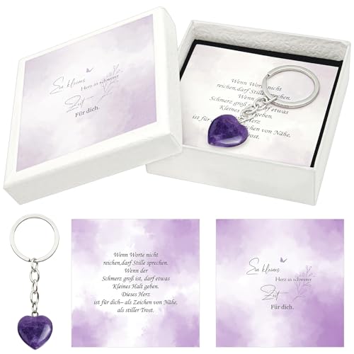 Handgefertigte Geschenkbox, Herz Amethyst Schlüsselanhänger mit Karte in Geschenkbox, Trostgeschenk Trauer, Erinnerung & Aufmunterung Geschenk, Persönliche Botschaft in schöner Stülpbox - Beileid