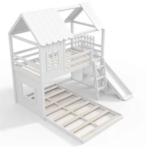 Image of Bellemave Bunk beds Twin Over Full with Slide,Ladders,Bookshelf and Wardrobe House roof Design, Low bunk /loft Bed for Kids,White