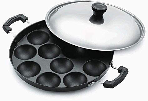 Foto von KSJONE 12-Pfannen-Antihaft-Pfanne – Aebleskiver-Bratpfanne – Poffertjes-Maker-Pfanne mit 12 Löchern – Paniyaram-Pfanne, Appam-Maker Panniyarakal – Zweiseitiger Griff mit Stahldeckel – 22 cm