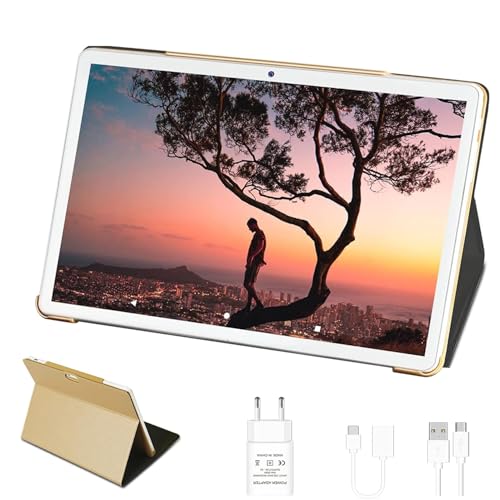GOODTEL Tablette 10 Pouces Android 4Go RAM + 64Go ROM avec Quad Core | Batterie 8000mAh | Double Caméra 5+8MP | WiFi 5G| Bluetooth | OTG | MicroSD 4-256 Go, avec Cas - Or Clair