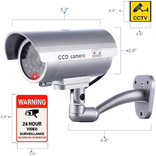 IDAODAN Dummy Security Camera, Fake Cameras CCTV Surveillance System with Realistic Simulated LEDs for Home Security + Warning Sticker Outdoor/Indoor Use (4 Pack Grey)