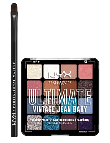 NYX Professional Makeup Palette Ombretti 16 Colori Altamente Pigmentati Ultimate Shadow 01 Vintage Jean Baby + Pennello Occhi Piatto Pro Flat Detail - Set da 2