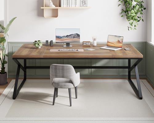 Image of HSH Extra Large Home Office Desk, Rustic Wood and Metal Computer Desk for 2 People, 78 Inch Long Executive Writing Study Gaming Double Desk Workstation, Bedroom Living Room PC Table for 2 Monitors