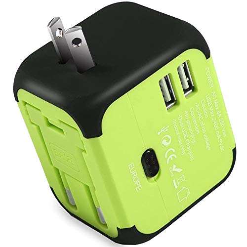 Maxracy International Travel Power Adapter with 2.4A Dual USB Charger and Built-in Spare Fuse Universal AC Wall Outlet Plugs All-in-One for UK, US, AU, Europe & Asia (Green) …