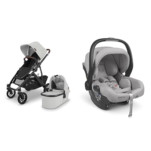 Image of Vista Stroller - Anthony (White and Grey Chenille/Carbon/Chestnut Leather) & MESA Infant Car Seat - Stella (Grey Mlange)