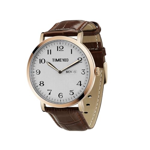 TIME100 Herren Minimalistische Quarzuhr mit echtem Lederarmband, Herren-Armbanduhr mit Kalender, 30M wasserdicht, analoge Quarzuhren