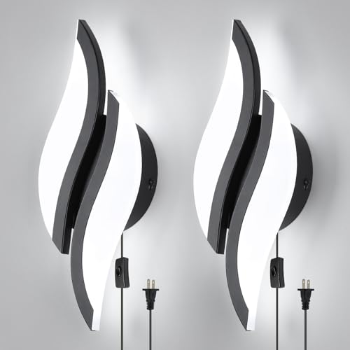 Image of CANEOE Plug in Wall Sconces Set of Two 6000K Black Modern LED Wall Light Fixtures Acrylic Wall Sconce Lighting for Living Room Bedroom Bedside Bathroom Hallway Stairway Wall Lamp