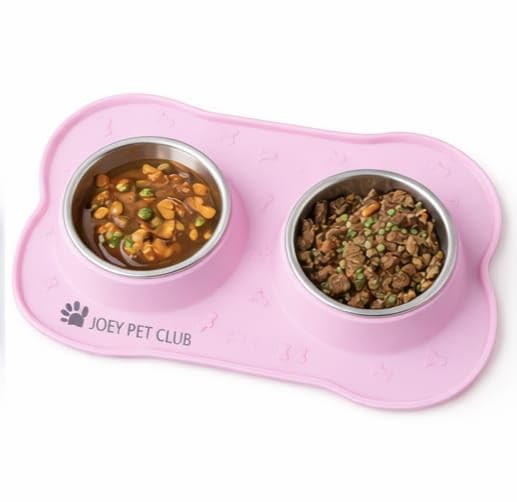 JOEY PET CLUB 2 Ciotole In Acciaio Inox Con Vassoio Integrato In Silicone Ideale Per Gatti e Cani Di Piccola Taglia, Antigoccia, Antiscivolo, Impermeabile, Raccogli Crocchette Removibile e Lavabile
