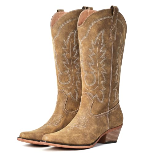 Image of Women's Pointed Toe Mid Calf Cowboy Boots - Cowgirl Boots with Chunky Heel
