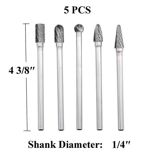 Asieg Tool 5Pcs Tungsten Carbide Burrs Set With 1/4''Shank Double Cut Extended Long Solid Power Tools Carbide Rotary Files Bits For Die Grinder Metal Wood Carving Engraving Polishing Drilling Grinding Milling thumb #1