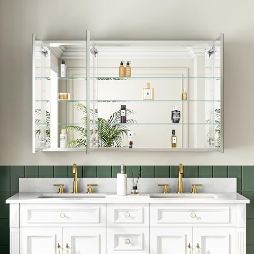Botiquín de baño con espejo, gabinete de baño con estantes de vidrio ajustables, gabinete con espejo de aluminio anodizado cromado, instalación de puerta reversible, montaje en pared o empotrado, 48" x 30" miniatura 6