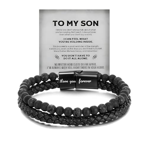 DIOWUS Son's Tiger Eye Protection Bracelets For Men, To My Son Bracelet from Mom Leather Black Beaded Bangle Engarved With Love You Forever Cuff Jewelry Gift for Birthday Christmas (Black-Son)