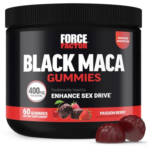 Force Factor Black Maca Gummies for Men & Women Boost Energy Strength Drive & Vitality BioPerine & Selenium for Superior Absorption Peruvian Black Maca Root Extract Passion Berry 60 Gummies