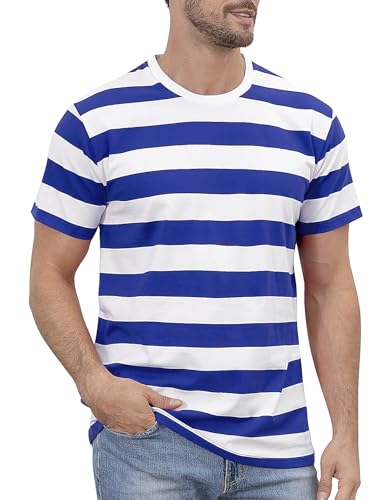 COSAVOROCK Blau Weiß gestreiftes Hemd Herren Kurzarm Breton Top M