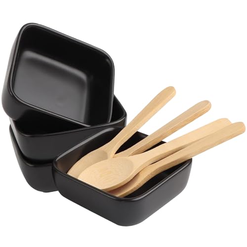 JTgugu Set di 4 ciotole in ceramica con cucchiaio in legno, piccole ciotole per snack, ciotole quadrate, mini ciotole per salse, barbecue, dessert, sushi, salsa di pomodoro, nero
