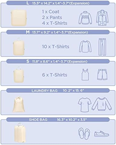 Compression Packing Cubes for Travel, Torrypack 6 Pcs Extensible Suitcase Organiser Packing Cubes for Suitcases with Shoe Bag and Laundry Bag,Beige