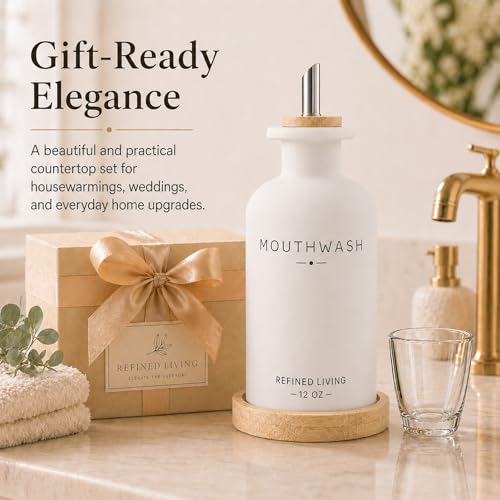 Image of Mouthwash Dispenser for Bathroom, 12 OZ Refillable Glass Mouthwash Bottle with Cup and Bamboo Tray, Decorative Mouth Wash Dispenser Set for Bathroom (White)