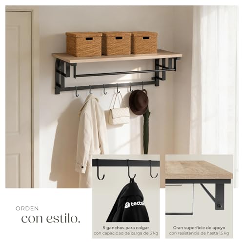 tectake® Percheros Pared, Perchero Entrada Recibidor, Colgador Pared, Muebles de Entrada, Colgadores, Diseño Estable con Ganchos Extraíbles - 30 x 66 x 27 cm Madera Industrial Clara, Roble Sonoma - imagen 5